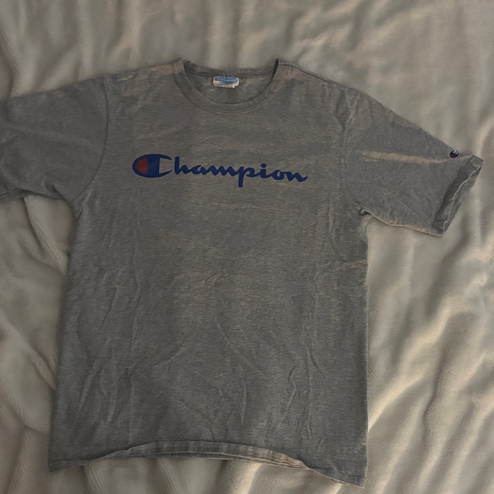 Men’s Champion Heather Gray Tee with Blue Logo